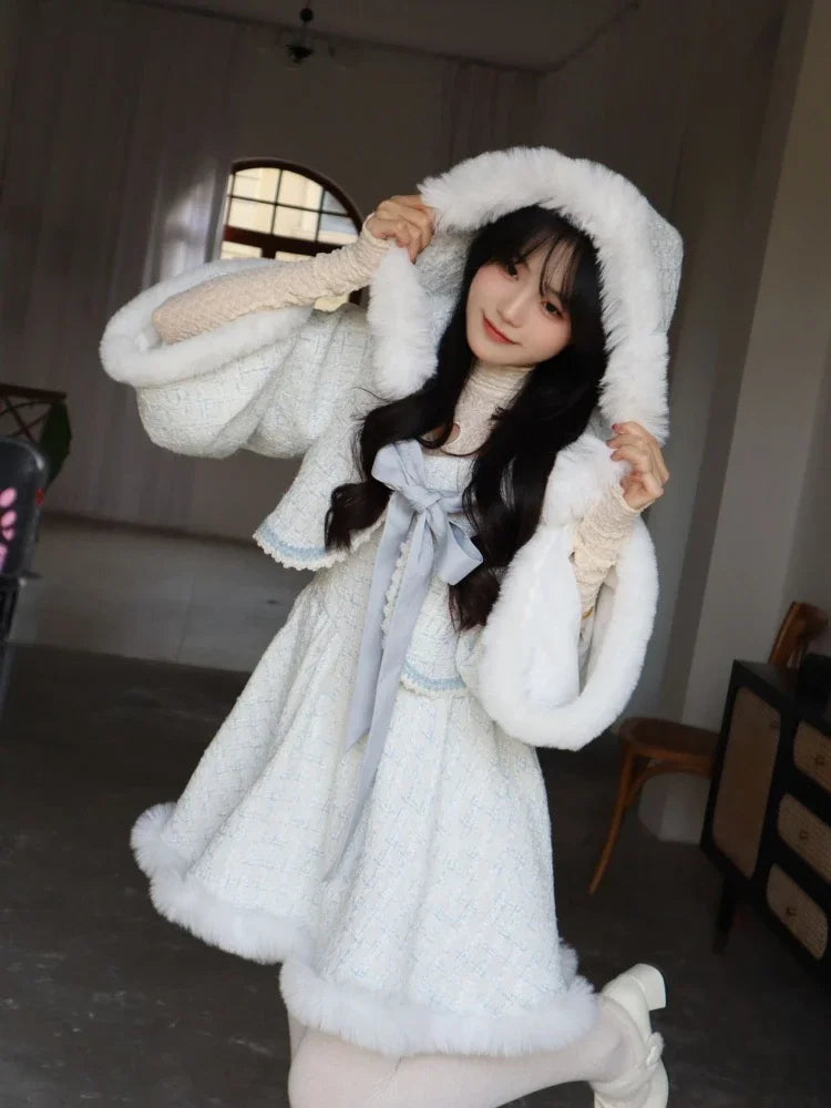 Advbridge 2024 Spring 2 Piece Dress Sets Women Casual Elegant Hooded Coats + Sweet French Short Party Dress Female Japanese Lolita Suits