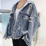 Advbridge Men‘s Wintern outfits Fashion Blue Ripped Denim Jacket Y2K Distressed Streetwear Hip Hop Broken Hole Jeans Biker Jackets Men's Spring Jackets Advbridge Men‘s Wintern outfits