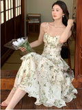 Advbridge Summer Floral Chiffon Midi-dresses Women Sleeveless Spaghetti Strap Backless Ruffle Dress Elegant Casual Party Ladies Dresses