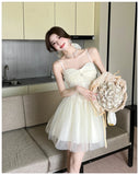 ADVBRIDGE  -  French Style Apricot Elegant Princess Dress Women Lace Strapless Sexy Mesh Mini Dresses Summer Sweet Kawaii Birthday Vestidos