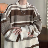 Advbridge Striped Sweater Men's Japanese Loose Retro Student Contrasting Base Shirt Round Neck Knit Jacket Men's Handsome