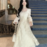 Advbridge Autumn Winter New Elegant Lace Midi Dresses for Women Lace Patchwork Flare Sleeve A-line Birthday Party Dress Vestidos Mujer