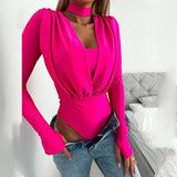 Advbridge 2yk Clothes Lady Sexy Slim Waist Rompers One Piece Sexy V-neck Solid Basic Jumpsuit Women Folds Long Sleeve Tops Women Bodysuit