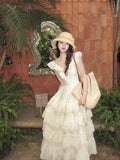 Advbridge Woman French Elegant Midi Dress Even Party Holiday Fairy Cake Dress Casual Beach Pure Color Korean Fashion Dress Slim Design