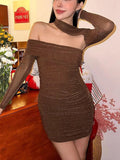 Advbridge  -  New Women's Mini Dress Puss Sexy Off-the-shoulder Pleated Long Sleeve Bag Hip Short Slimming Elegant Bodycon Y2k Casual