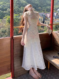 ADVBRIDGE  -  French Style Fashion Hollow Embroidery Fashion Dresses for Women Apricot Lace Patch Sweet Retro Print Dress Summer Elegant Lady