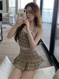 Advbridge-Plaid suit women camisole + short skirt two-piece sets summer new temperament vintage lace patchwork sleeveless suit trend