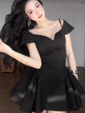 ADVBRIDGE  -  Vintage V Neck Off Shoulder Mini Dress A Line Hem Pleated Halter Robes Sleeveless Vestidos 2025 New Lady Party Fashion Clothing
