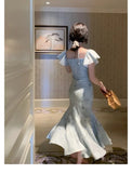 Advbridge Elegant Evening Party Midi Dresses for Women Summer French Vintage Halter Print Mermaid Slim Female Clothes Blue Dress Robe