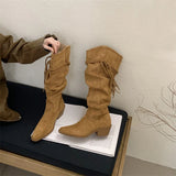 ADVBRIDGE  -  Western Style Fashion Hemp Tassel Knee High Boots Women Winter Street Pointed Toe Cowboy Boots Low Thick Heels Long Shoes