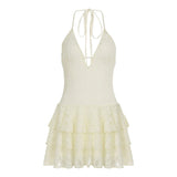 ADVBRIDGE  -  Women's Halter Deep V-neck Hollow Lace See-through High Waisted Strappy Ruched Mini Solid Tank Dress Vacation Club Summer Outfit