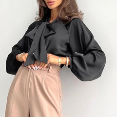 Advbridge Fashion Women Solid Long Sleeve Office Blouses Tops Pullover Lady Long Sleeve Basic Shirt Commute Bow Tie Collar French Shirt