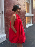 Advbridge Women Fashion Red Halter Mini Dress Sexy Round Neck Sleeveless Backless A-line Dresses 2024 New Summer Lady Beach Holiday Robes