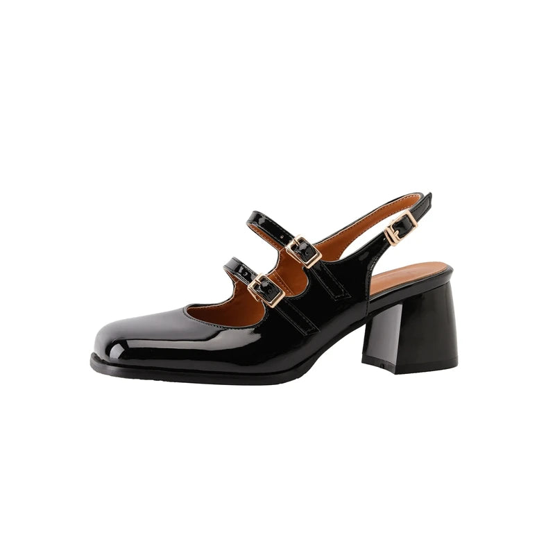 Advbridge Plus Size 44 45 46 Black Silver Chunky High Heels Mary Jane Shoes Women Square Toe Double Buckle Pumps Slingback Ladies Sandals