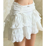 Advbridge Fairycore Ruffle Women Mini Skirt White Lace Sweet Kawaii Short Skirts Coquette Layered Pleated Korean Fashion Skirt