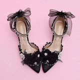 Advbridge Pearl Rhinestones One-Strap Women Sandals Wedding Dress Shoes Flowers Butterfly Knot Lolita Girl Mary Janes Hight Heels Pumps