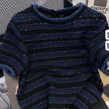 Advbridge Shirts for Women Knit Tshirts  Ropa Mujer Short Sleeve O-neck Striped T Shirts Y2k Tops Chic Casual Summer Tees Crop Top