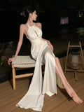 Advbridge  -  Elegant Sexy Backless Solid Long Dress Birthday Evening Party Halter Designer White Robe Summer Women Fashion Wedding Vestidos