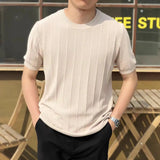 ADVBRIDGE  -  Light Mature Style Men's Light Luxury Ice Silk Knitted Polo Shirt New Trendy Brand Simple Vertical Pattern Droop Short Sleeves