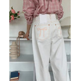 Advbridge 2024 New Korean Casual White Jeans Kawaii Pink Bow Embroidery Denim Pants Button Wide Leg Trouser Chic Straight Pant For Women