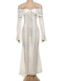 Advbridge Autumn Lace Off-Shoulder Long Dress For Women See-Through Printed Lace-Up High Waist Luxury Female Elegant Party Dress New