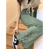 Advbridge Streetwear Side Lace-Up Mid Waist Jeans Woman Fashion Wide Leg Green Pants Trousers Female Denim Baggy Mom Jeans S-XL