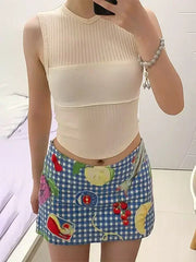 ADVBRIDGE  -  Kawaii Fruit Printed Blue Half Skirt American Style Sweetheart Checkered Short Skirt Cute Y2k Girl Fashion A-line Skirt