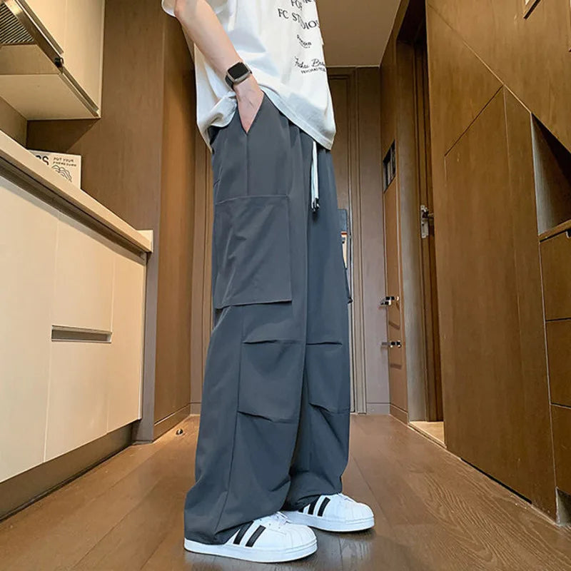 Advbridge New Chic Men's Casual Ice Silk Pants Loose Straight Wide Leg Solid Color Male Drawstring Trousers Summer Simple 2024