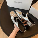 Advbridge Leather ~ French silver black square ballet shoes female baotou half slippers summer wear thick heel sandals