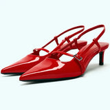 Advbridge Sexy Pointed Toe Sandals Women Summer Red Thin High Heels for Women Patent Leather Back Trip Strap Mules Wedding Women Pumps