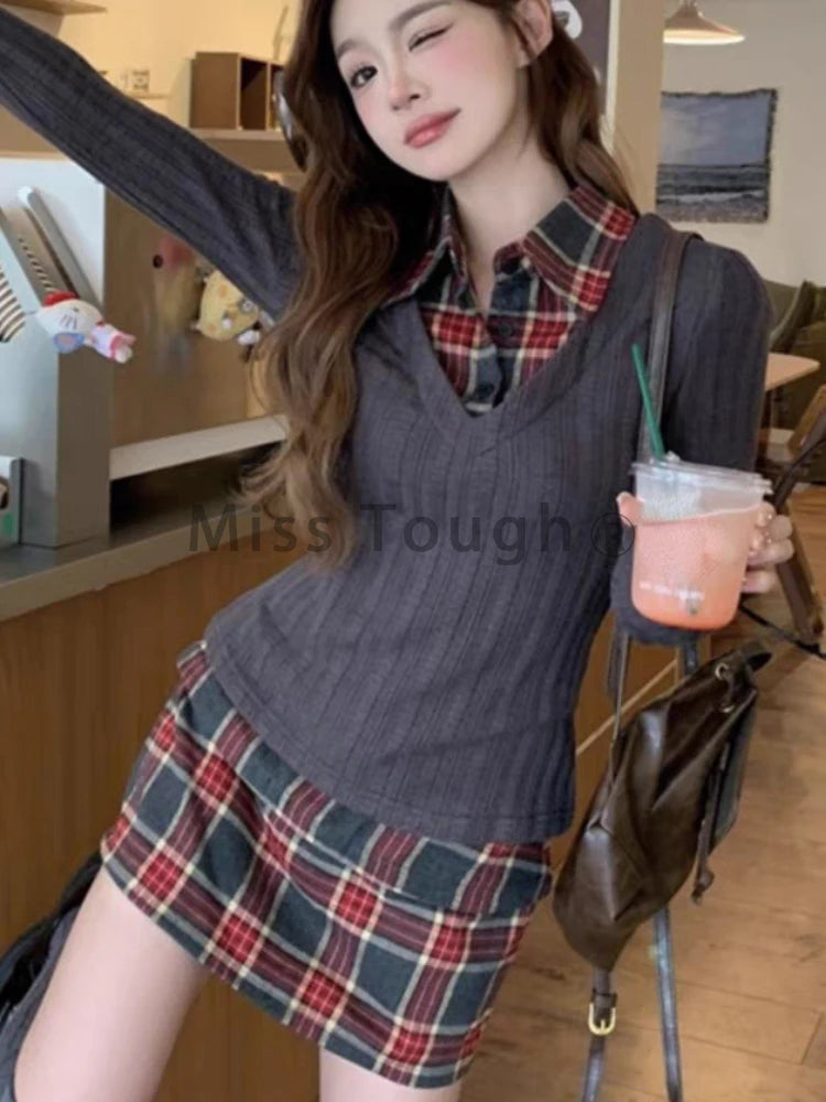 Advbridge Autumn Vintage Preppy Style Slim 2 Piece Set Women Chic Design Knit Sweater+check Mini Skirt Female Casual Patchwork Suit New