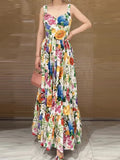 ADVBRIDGE  -  summer women's new peach heart printed high waist dress elegant temperament long holiday beach skirt with suspenders.