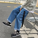 Advbridge Men's Casual Baggy Denim Trousers High Street Hip Hop Pure Color Jeans Elastic Waist Both Side Pockets Long Ribbons Cargo Pants