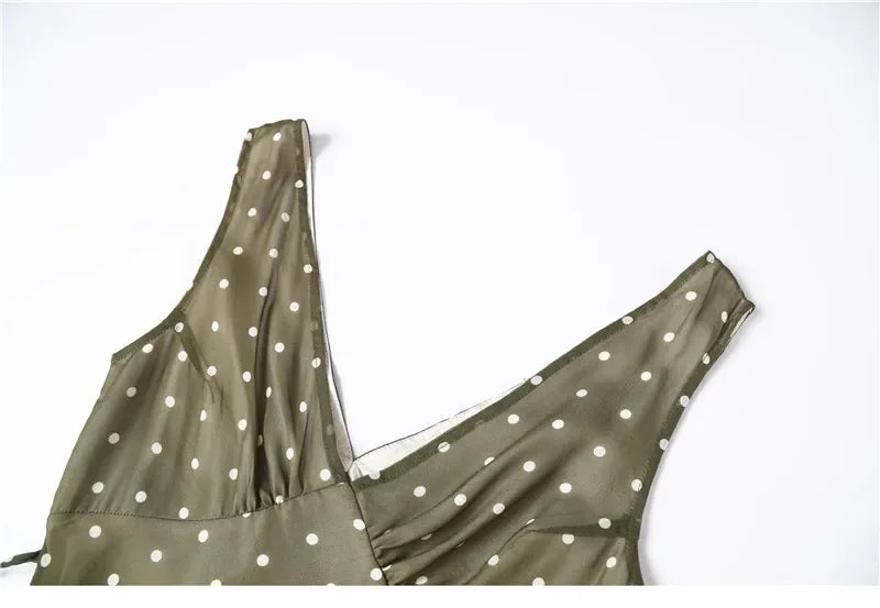 ADVBRIDGE  -  Summer Fashion Green Polka Dot Dress Women French Retro Elegant Slim Long Womens Dresses V-neck Sleeveless Silk Vestido