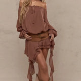 ADVBRIDGE  -  Chic Low Neck Lace Up Mini Dress Elegant Solid Flare Sleeve Pleated Off Shoulder Gown New Women Highstreet Holiday Dresses 2025