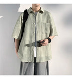 ADVBRIDGE  -  Men's Vertical Stripe Lapel Textured Loose-Fit Short Sleeve Shirt Casual Breathable Top Comfortable Wear, Trendy Summer Style