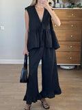 ADVBRIDGE  -  Black Elegant Summer Suits For Women New V Neck Lace-up Sleeveless Tank Top+Ruffle Trouser Fashion Casual Pants Sets 2 Piece Set