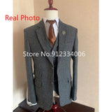 Advbridge Gray Wool Tweed Winter Men Suit's For Wedding Formal Groom Tuxedo Herringbone Male Fashion 3 Piece Suit (Jacket + Vest + Pants)