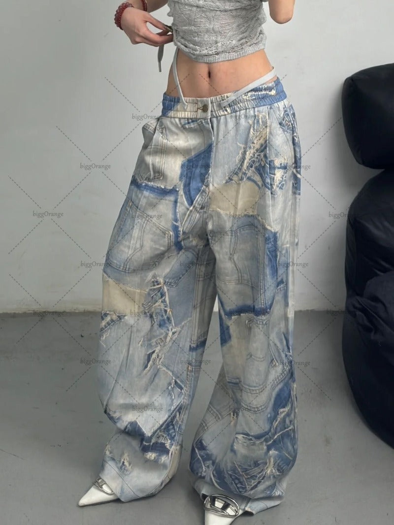 Advbridge Y2K Harajuku Clothing Women American Street Retro Washed Baggy Jeans Trend Brand Camouflage Distressed Wide-leg Straight Pants