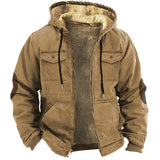 Advbridge Winter Warm Hoodie Men Brown Lining Plush Thickened Jacket Multi Pocket Zipper Cardigan hooded Coat Loose Oversize Outerwear