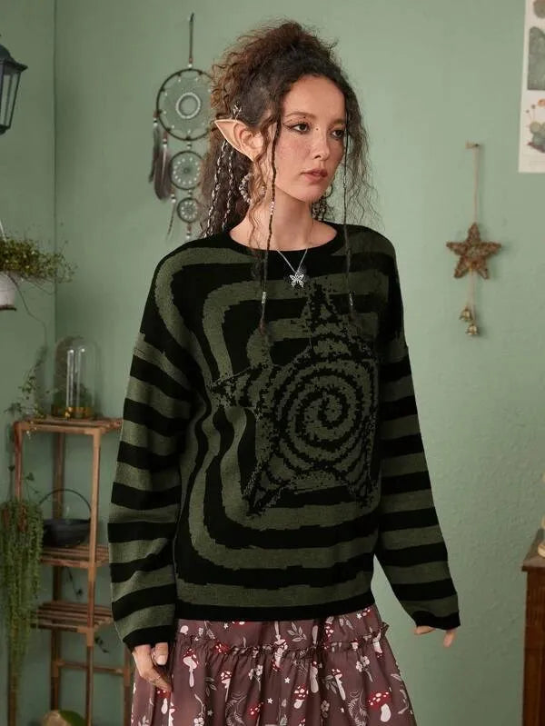 Advbridge Y2K Women's Sweater Clothing Vintage Knitted Wool Sweater Jumper Round Neck Stripe High Neck Round Neck Long Sleeve Clothing Top