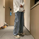 Advbridge Men's baggy jeans, a tousled waist, classic solid color, buttons and wireleg pants, men buckle pants Korean fashion