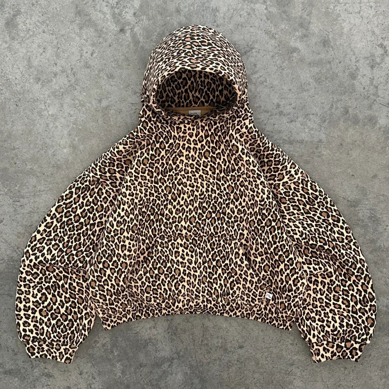 Advbridge 90s Streetwear Y2K Retro 2 Piece Set Leopard Pattern Streetwear Men Women Trendy Harajuku Boxy Pullover Zipper Hoodie Oversized Track Pants Set