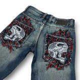 Advbridge 90s Streetwear Y2K Harajuku Gothic High Waist Wide Trousers  Hip Hop Skull Graphic Embroidery Blue Vintage Baggy Punk Style Jeans Mens Womens