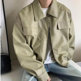 Advbridge New casual personality solid simple leather coat, motorcycle leather coat, loose Design Sour Top PU Leather Lapel Outerwear