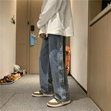 Advbridge Men's baggy jeans, a tousled waist, classic solid color, buttons and wireleg pants, men buckle pants Korean fashion