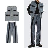 Advbridge American Vintage Men Denim Two-piece Set Patchwork Multi Pocket Vest And Jeans Pant Fashion High Street Suit Tank Tops Outfits