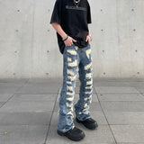 Advbridge Men's American Vintage Distressed Jeans High Street Straight Tube Loose Fitting Pants Ripped Denim Trendy Y2k 1017