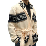Advbridge Autumn Winter Men Thicken Jacquard Knitted Cardigan Coat Vintage Turndown Collar With Waistband Thick Needle Sweater Streetwear