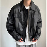 Advbridge New casual personality solid simple leather coat, motorcycle leather coat, loose Design Sour Top PU Leather Lapel Outerwear